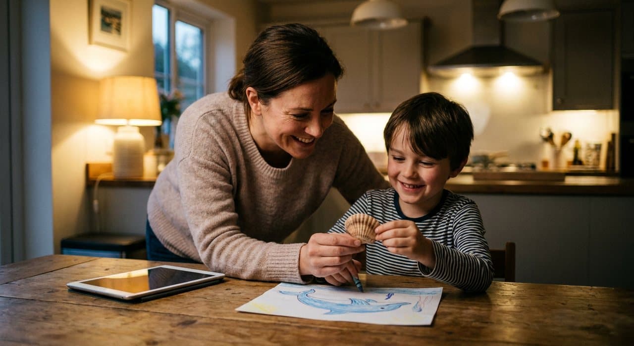 A child at the kitchen table showing a parent a drawing and a shell, the tablet switched off.