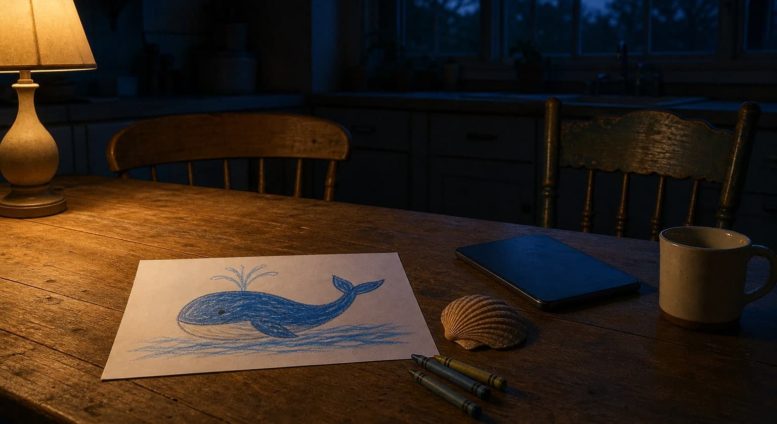 A kitchen table after a family's evening: a child's crayon drawing of a whale, a seashell and crayons under warm lamp light, the tablet lying face down, two chairs pushed back.