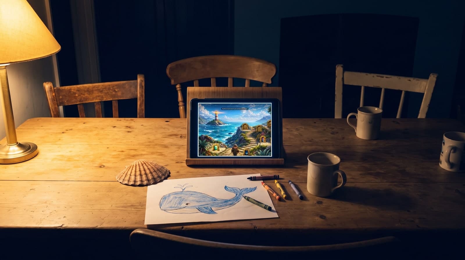 Uma mesa de cozinha com três cadeiras, uma concha e um desenho de uma baleia, um tablet a mostrar o mapa do mundo Reis do Mar; ninguém na sala.